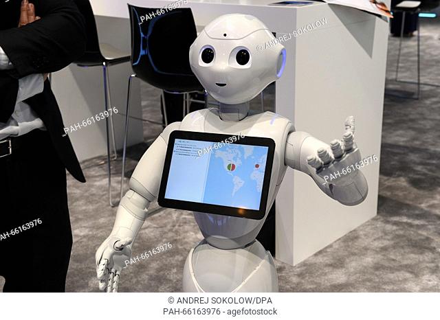 The robot 'Pepper' from Japanese company Softbank communicates with visitors at the Mobile World Congress in Barcelona,  Spain, 25 February 2016