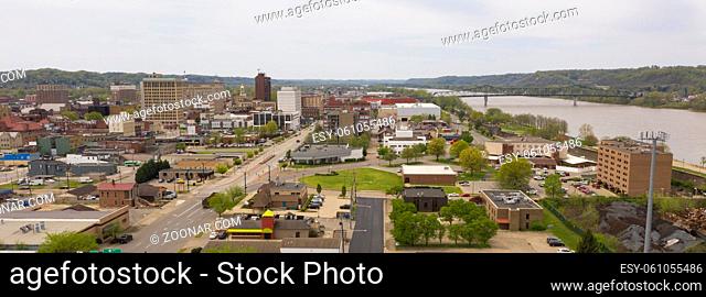Aerial Elevating Up Over Kanawha River in Charleston West Virginia