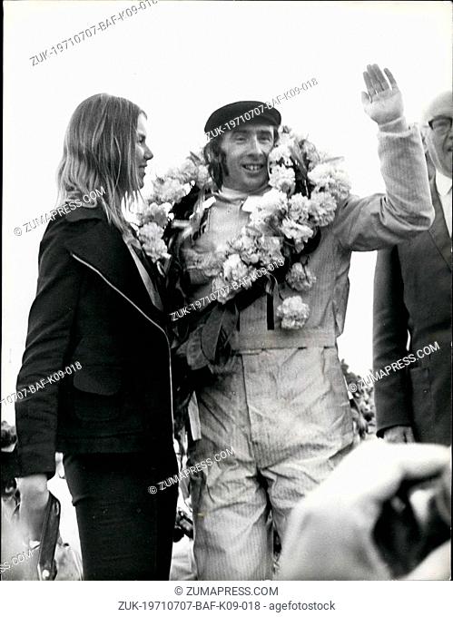 Jul. 07, 1971 - Jackie Stewart wins the British Grand Prix at Silverstone: Jackie Stewart driving his Tyrrell Ford won the British Grand Prix in a...