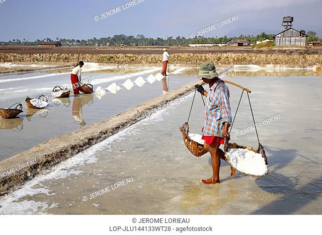 Cambodia, Kampot, Kampot. Workers extracting salt near Kampot