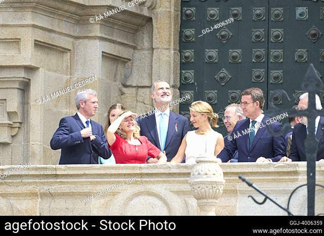 King Felipe VI of Spain, Princess Sofia, Nadia Calvino visit Santiago de Compostela during National Offering to the Apostle at Cathedral of Santiago de...