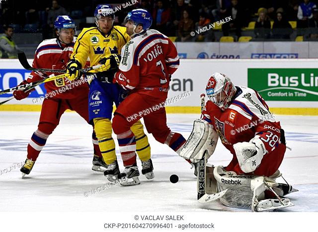 Petr Zamorsky (CZE), left to right, Robert Rosen (SWE) and Tomas Voracek and goalkeeper Dominik Furch (both CZE) in action during the Euro Hockey Tour series...