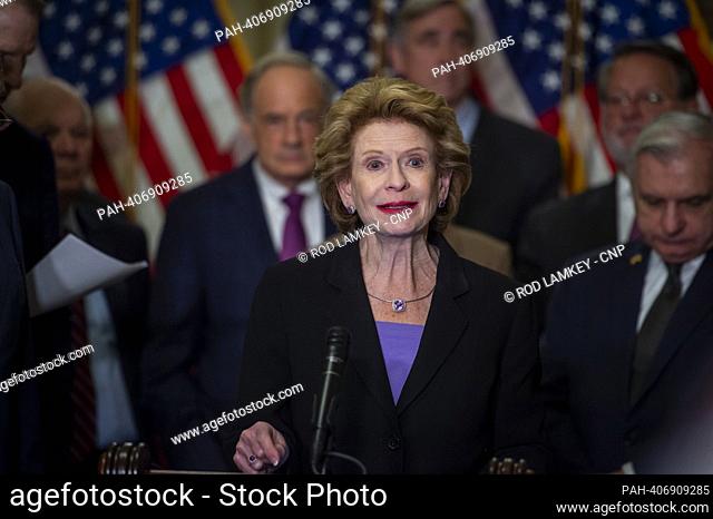 United States Senator Debbie Stabenow (Democrat of Michigan) offers remarks on China Competitiveness Legislation during a press conference at the US Capitol in...