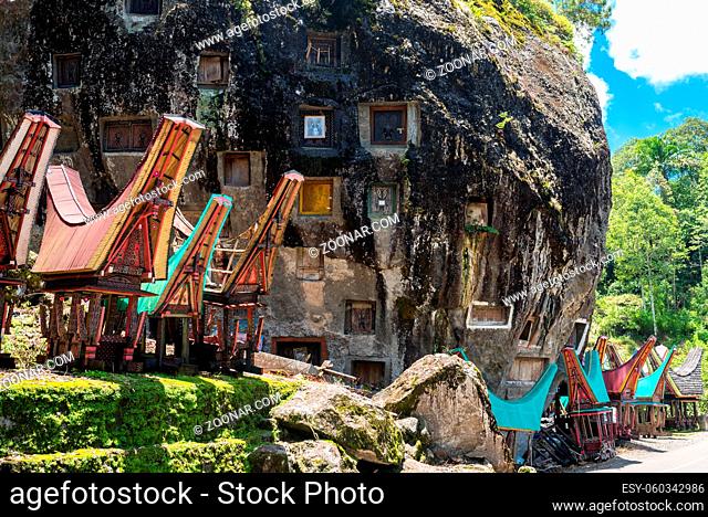 The Lo'ko Mata rock-cut tombs high up in the mountains of Tana Toraja. They are drilled into a huge round rock. The locals usually take three months prepare a...