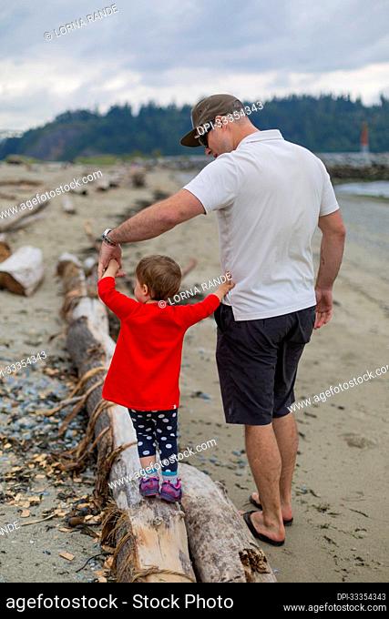 A father holds the hand of his young daughter as she walks across a log on Ambleside Beach; North Vancouver, British Columbia, Canada