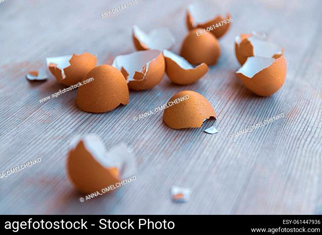 Closeup Photo of a Egg Shells over Wood Table Background. Waste Recycling. Garbage Sorting. Eco Waste Concept
