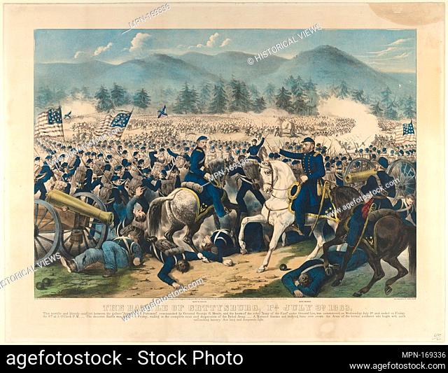 The Battle of Gettysburg, Pa., July 3rd, 1863. Publisher: Currier & Ives (American, active New York, 1857-1907); Date: 1863; Medium: Hand-colored lithograph...