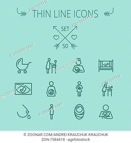 Medicine thin line icon set for web and mobile. Set includes- stroller, crib, nurse, breastmilk, pregnant, baby icons. Modern minimalistic flat design