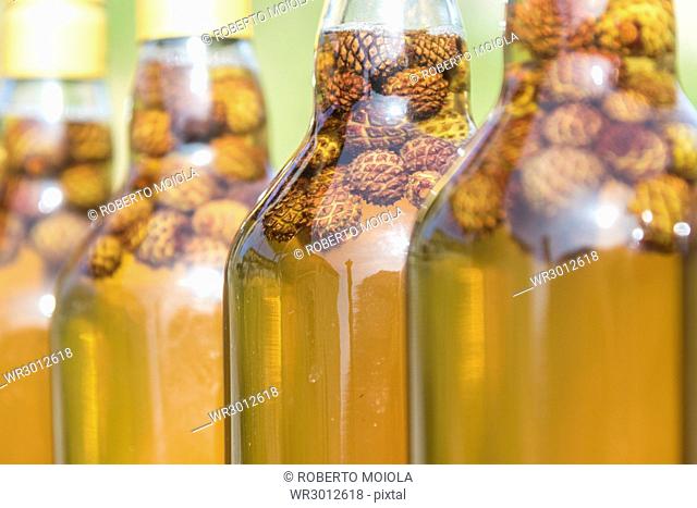 Detail of bottles of grappa, a typical liquor, San Romerio Alp, Brusio, Canton of Graubunden, Poschiavo Valley, Switzerland, Europe