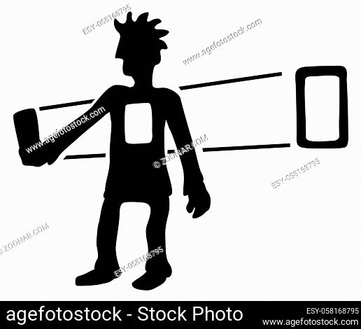 Device screen projecting through cartoon character black silhouette, vector illustration, horizontal, isolated, over white