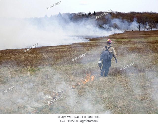 Shenandoah National Park, Virginia - Workers wearing fire resistant clothing intentionally burn Big Meadows  The National Park Service burns part of the meadow...