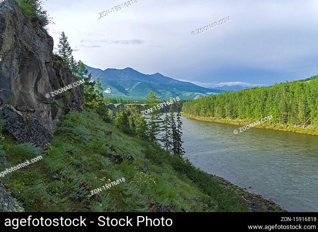 High steep banks of the Oka Sayan River. East Sayan, Buryatia, Siberia, Russia