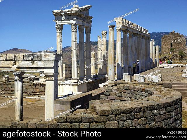 Ruins of ancient Pergamum above Bergama, Izmir Province, Turkey. The Temple of Trajan, completed in the 2nd century AD. The ruins are a UNESCO World Heritage...
