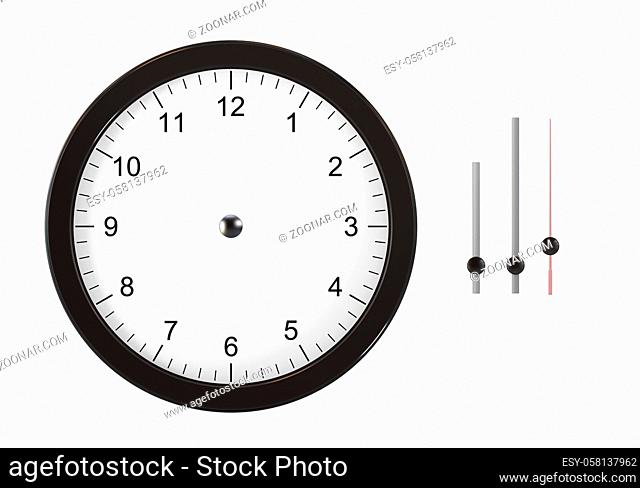 Isolated on white image image of wall clock. You can set the time thanks to separate hours, minutes and seconds hands. Computer generated image