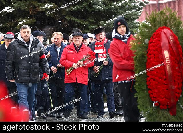 RUSSIA, MOSCOW - DECEMBER 21, 2023: Russian Communist Party Leader Gennady Zyuganov (C) and Vladimir Kashin, deputy chairman of the Russian Communist Party's...