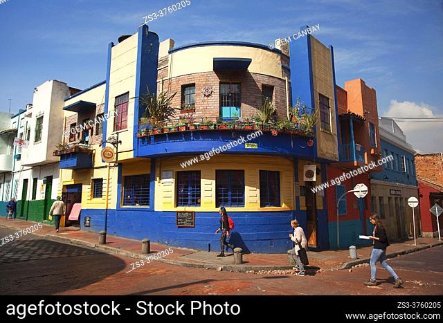 View to the colonial buildings with balconies at the historic center La Candelaria, Bogota, Cundinamarca, Colombia, South America