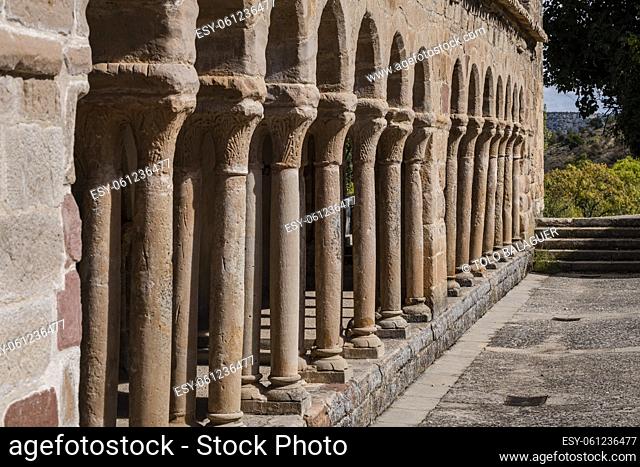 arcaded gallery of semicircular arches on paired columns, Church of the Savior, 13th century rural Romanesque, Carabias, Guadalajara, Spain