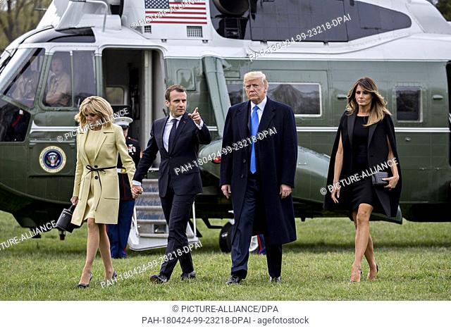 U.S. First Lady Melania Trump, from right, U.S. President Donald Trump, Emmanuel Macron, France's president, and Brigitte Macron, France's first lady