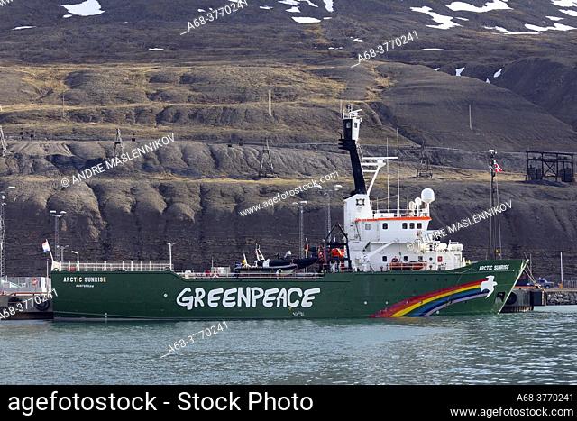 Greenpeace. The ship Arctic Sunrise in Longyearbyen on Svalbard, Spitsbergen