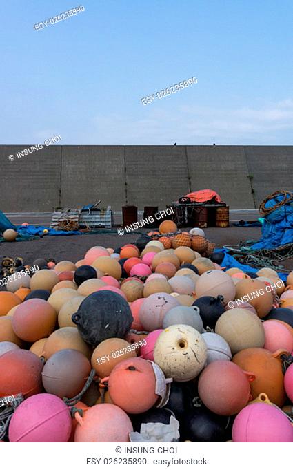 Plastic fishing floats in a port. Taken in Shakotan, Japan