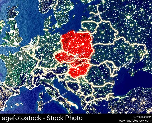 Visegrad Group from space on Earth at night. Very fine detail of the plastic planet surface with bright city lights. 3D illustration