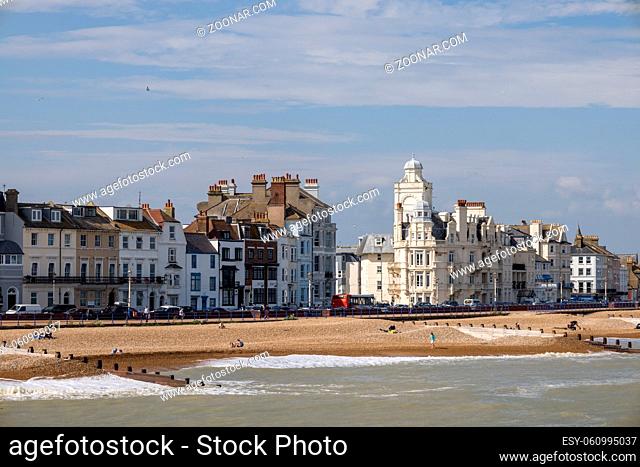 EASTBOURNE, EAST SUSSEX, UK - JULY 29 : Skyline ofEastbourne in East Sussex on July 29 2021. Unidentified people