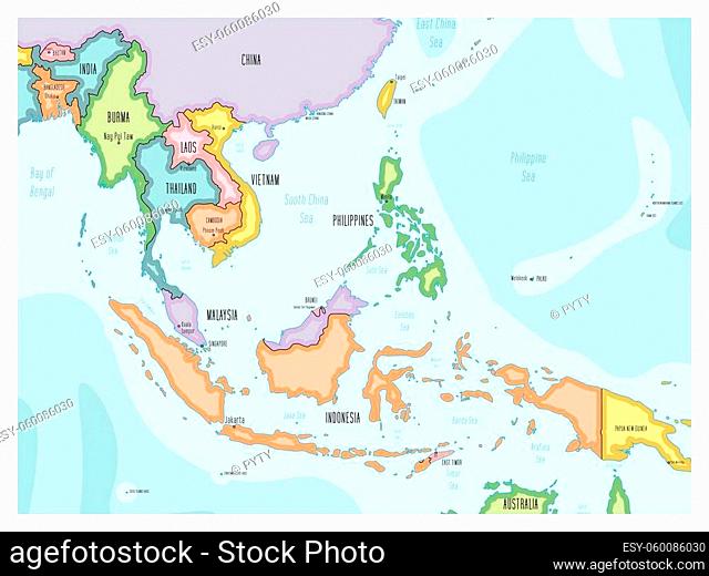 Political map of Southeast Asia. Colorful hand-drawn cartoon style illustrated map with bathymetry. Handwritten labels of country, capital city