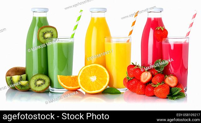 Fruit juice drink green smoothies orange juices glass and bottle isolated on a white background