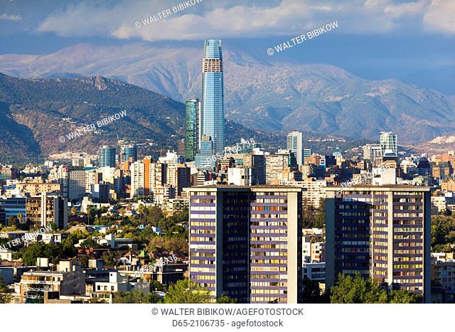 Chile, Santiago, elevated city view towards the Gran Torre Santiago, dusk