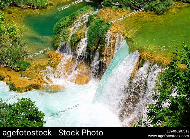 Mountainous beautiful waterfalls formed by the melting of glaciers due to global warming. Beautiful Waterfalls at Krka National Park in Croatia