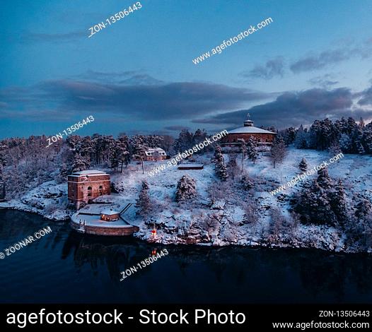 Oskar-Fredriksborg fortress is one of the defense positions in the Stockholm archipelago, seen on a cold winter morning, Sweden