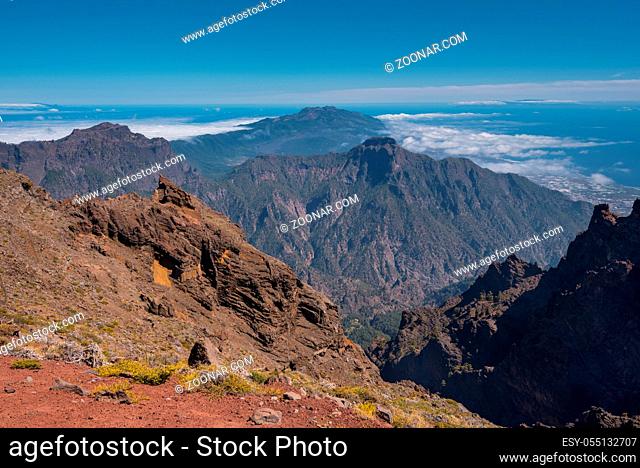 Volcanic landscape in Roque de los muchachos, highest peak of la Palma island, Canary island, Spain