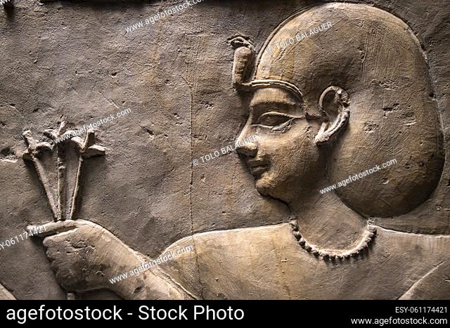 relief of the temple of pharaoh Ptolemy I, limestone, Ptolemaic dynasty, Temple of Hathor, Kom Abu Billo, Egypt, collection of the British Museum