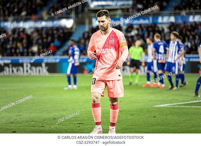 Lionel Messi, Leo, FC Barcelona player, during a Spanish League match between Deportivo Alaves and FC Barcelona at Estadio de Mendizorroza on April 23