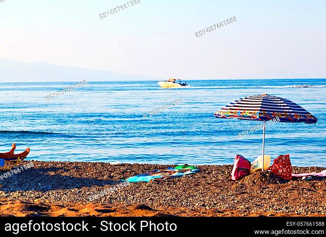 in   greece the mykonos island rock sea and beach  sky