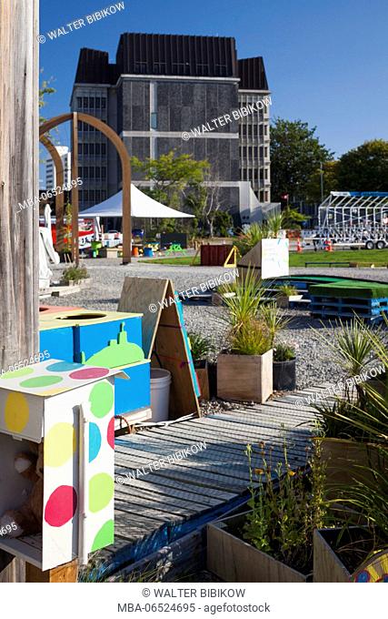 New Zealand, South Island, Christchurch, Pallet Pavillion Square, public space made of materials salvaged from the 2011 earthquake