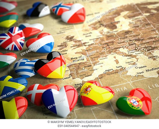Map of Europe and hearts with flags of european countries. Travel EU concept. 3d