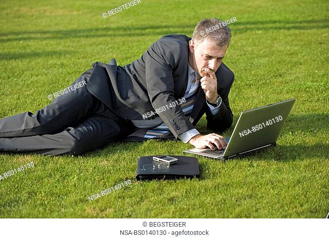 businessman sitting in meadow and using laptop