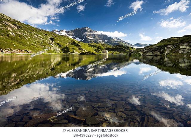 San Bernardino Pass with water reflection, Grison Alps, Graubünden Canton, Switzerland