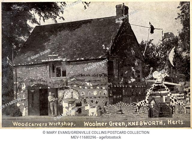 Harry Macdonald's Woodcarver's Shop - Woolmer Green, Knebworth, Hertfordshire. Harry MacDonald (a Yorkshireman) came south and brought this cottage for £1