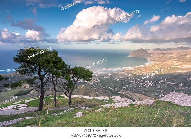 Cornino bay and Cofano Mountain seen from Erice, province of Trapani, Sicily, Italy