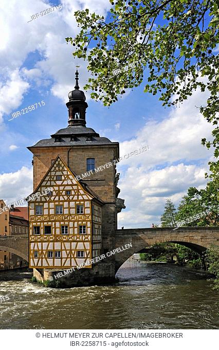 The old town hall, built between 1461 and 1467 above the Regnitz river, built onto Obere Bruecke bridge, Obere Bruecke street 1, Bamberg, Upper Franconia