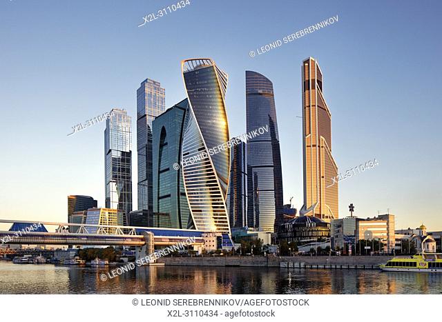 High rise buildings of Moscow International Business Centre (MIBC, or Moscow City) at sunrise. Moscow, Russia