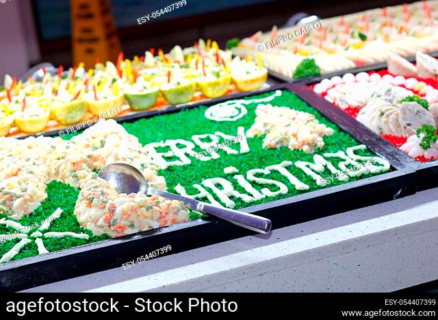 Christmas cake inside a buffet at christmas
