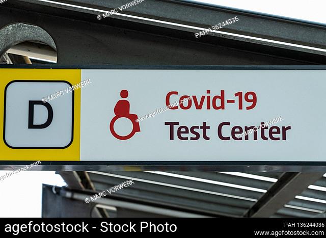 October 3rd, 2020, Berlin, signs to the Covid-19 test center for travelers returning at Berlin-Tegel Airport ""Otto Lilienthal"" Flight operations there are to...
