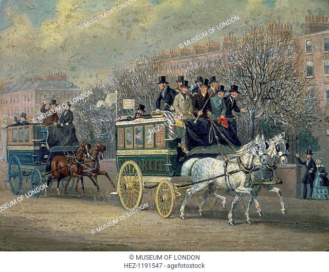 'A Street Scene with Two Omnibuses', 1845. Men in top hats ride on the top; the routes run between Chelsea and the West End