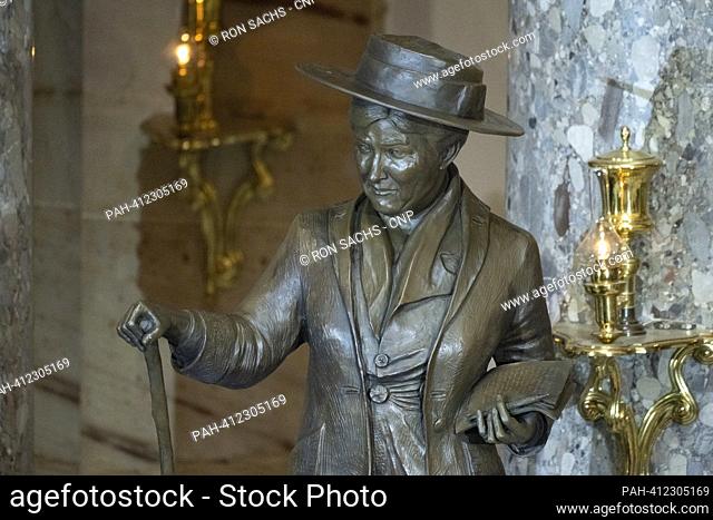 The statue honoring American writer Willa Cather of Nebraska is unveiled in Statuary Hall in the United States Capitol in Washington, DC on Wednesday, June 7