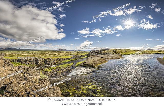 Almannagja fissure and Oxara river. Thingvellir National Park, a Unesco World Heritage Site, Iceland