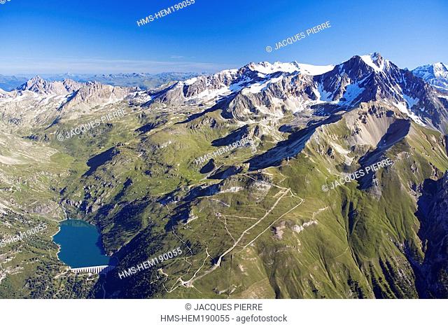 France, Savoie, Maurienne Valley, Plan d' Amont, the Vanoise National Park, La Dent Parrachée 3639m and the Vanoise glaciers aerial view