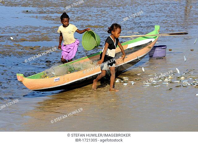 Malagasy children fishing, Morondava, Madagascar, Africa